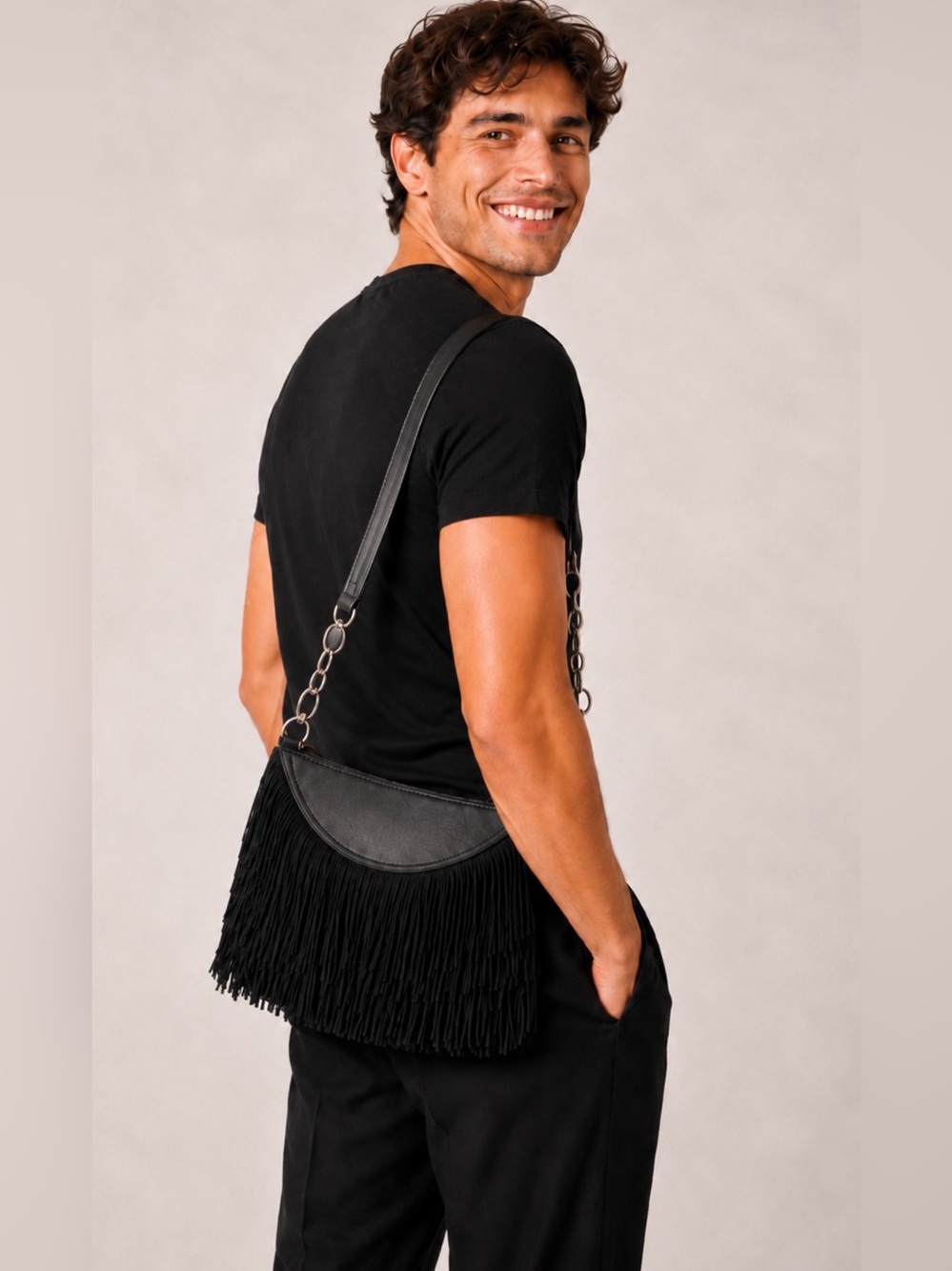 Alexander Wang Ace Black Leather Fringe Shoulder Bag Men’s Unisex NWOT